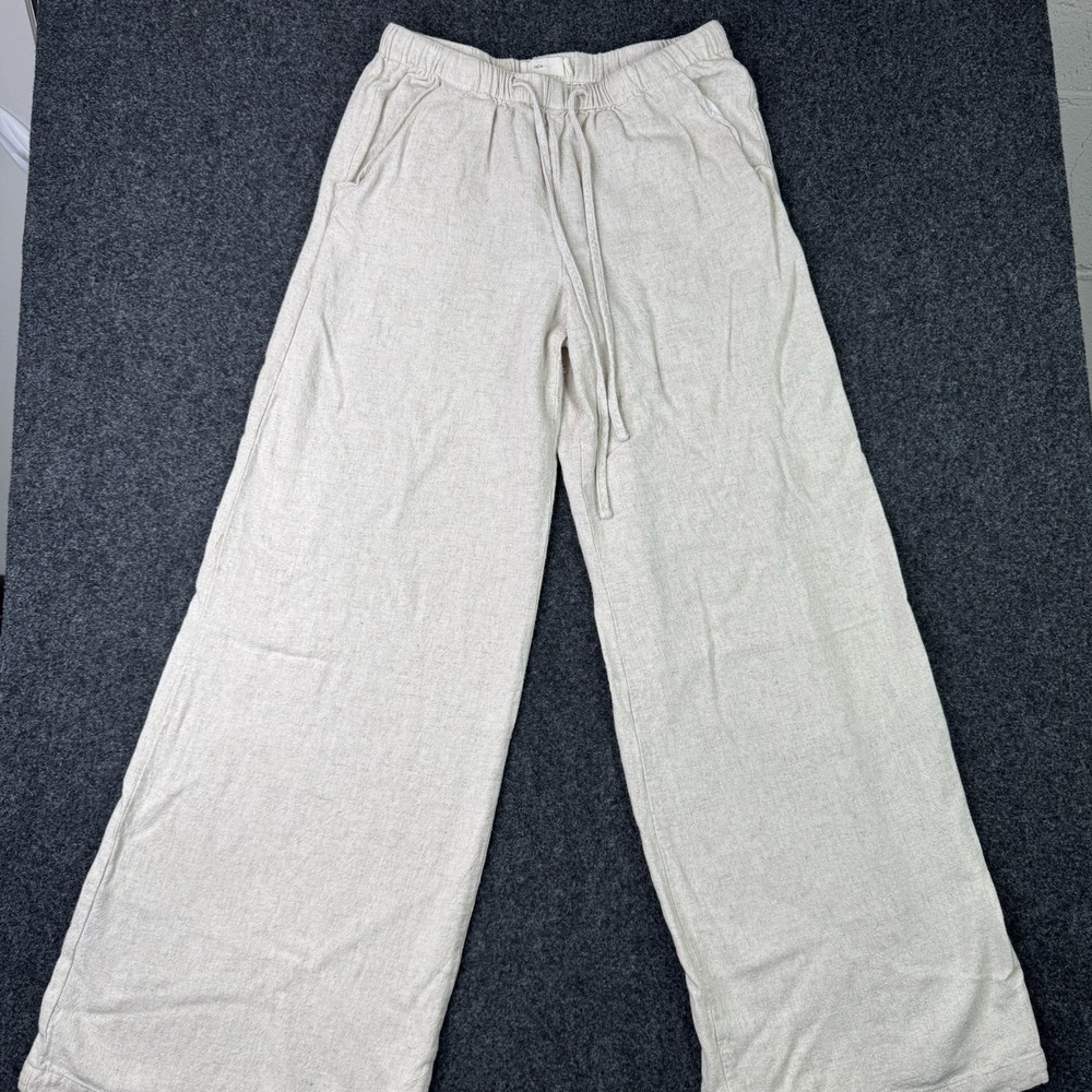 Tgla Pants Womens XS Beige Linen Wide Leg Pull On Drawstring Coastal